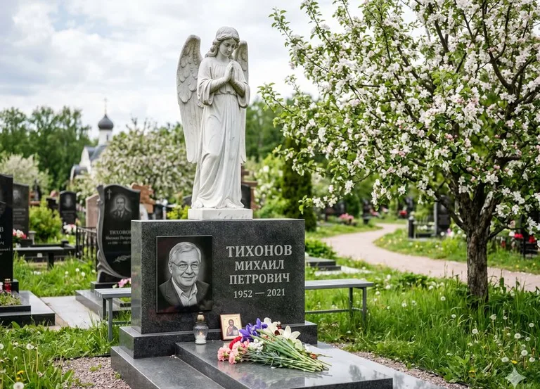 Мраморный молящийся ангел на гранитном памятнике весной в Якутске