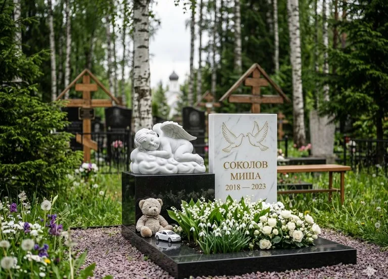 Белый ангелочек на детском памятнике в Якутске