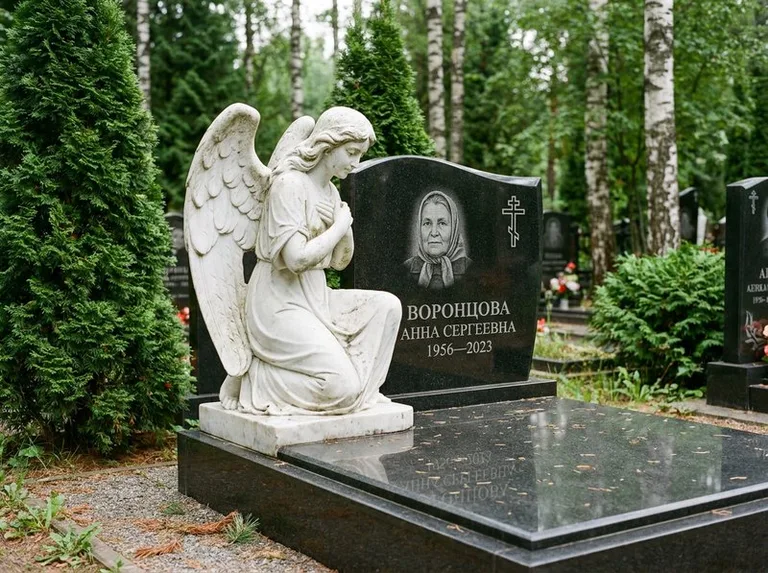 Белый мраморный ангел на гранитном памятнике в Якутске