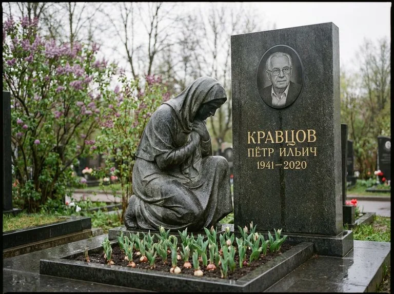 Гранитная скорбящая фигура у стелы на кладбище в Якутске