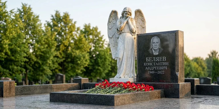 Скульптура на памятник в Якутске — мраморный ангел на гранитном мемориале