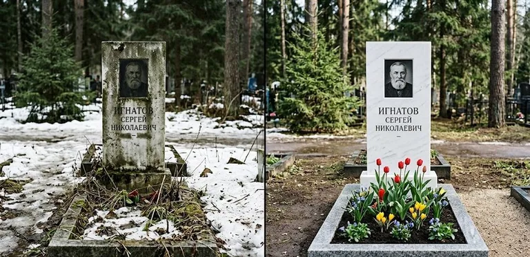 Диптих №6: высадка хризантем у подножия серого гранита — до и после уборки в Якутске