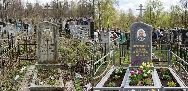 Диптих №4: свежепокрашенная серебром оградка и отмытый красный гранит — до и после в Якутске