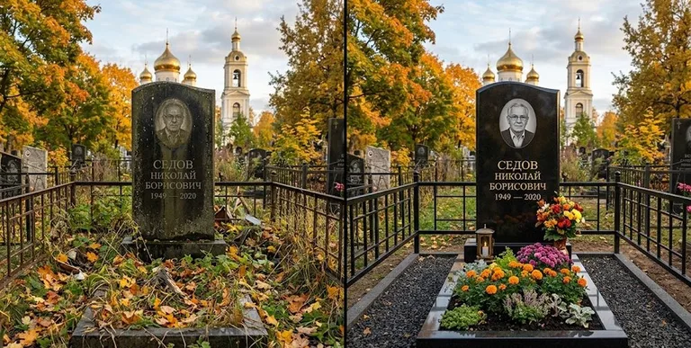 Уборка могилы до и после осенью — у церкви в Якутске