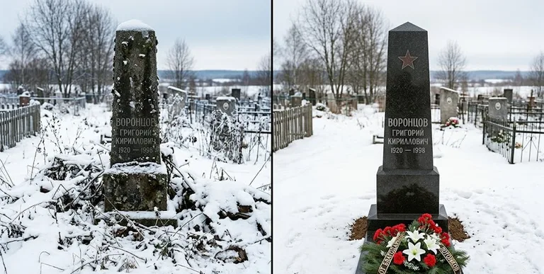 Уборка могилы до и после зимой — воинский обелиск в Якутске