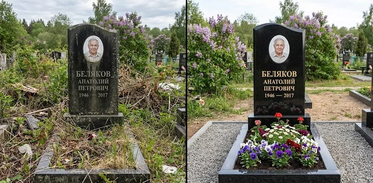Уборка могилы до и после весной — цветущая сирень в Якутске