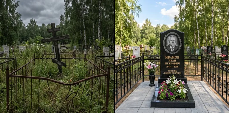 Благоустройство могилы до и после установки памятника в Якутске