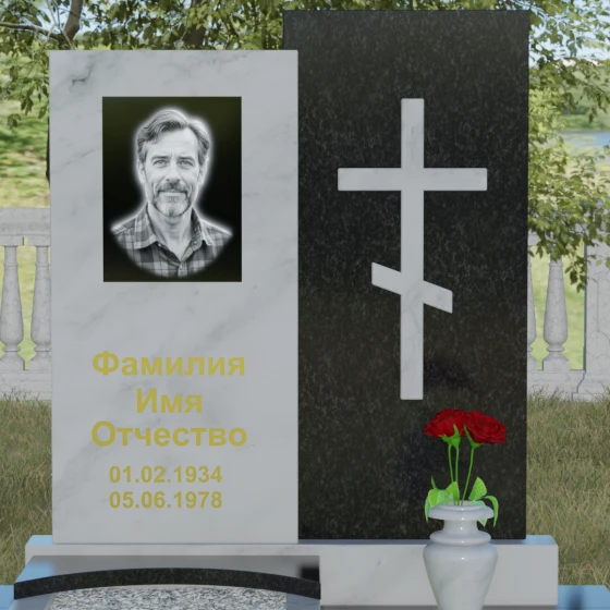 Гранитный монумент с православным крестом, мрамор Тассос