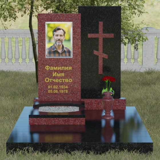 Гранитный монумент с православным крестом, гранит Лезниковский, вид 2