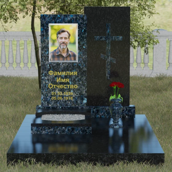 Гранитный монумент с православным крестом, гранит Блю Перл, вид 2