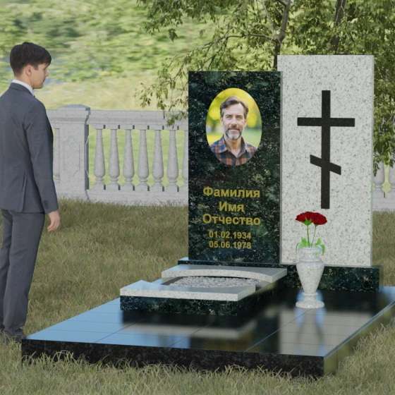 Гранитный монумент с православным крестом, гранит Балтик грин, вид 4