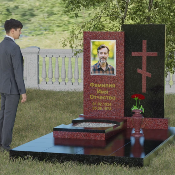 Гранитный монумент с православным крестом, гранит Лезниковский, вид 4