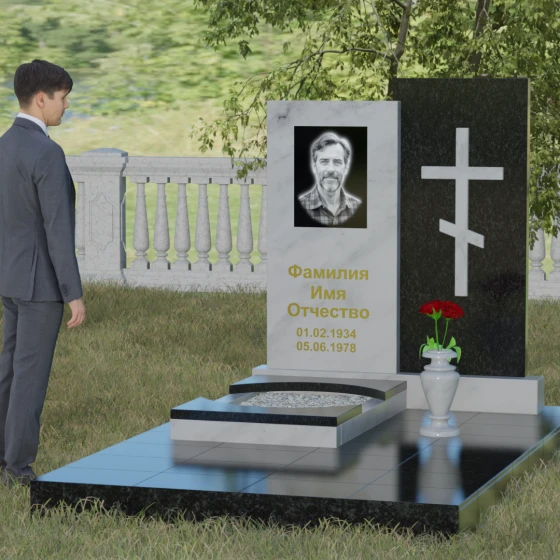 Гранитный монумент с православным крестом, мрамор Тассос, вид 4