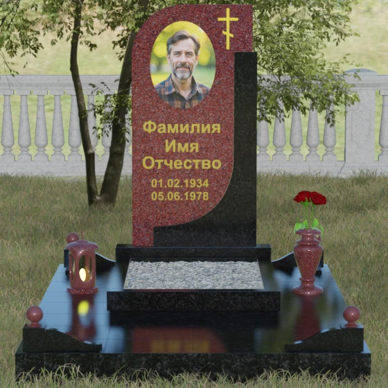 Гранитный памятник с плавной волной и восьмиконечным крестом, гранит Лезниковский, вид 2