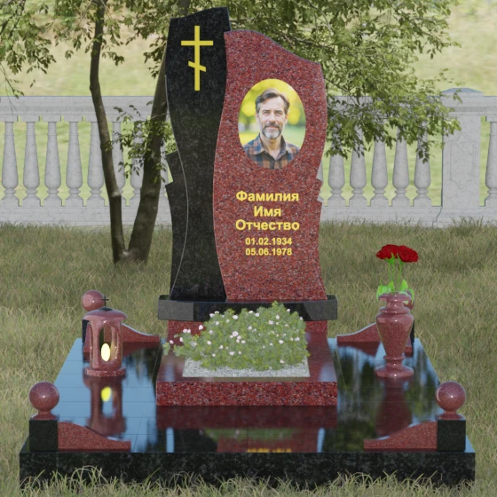 Вертикальная стела с волной и крестом, гранит Лезниковский, вид 2