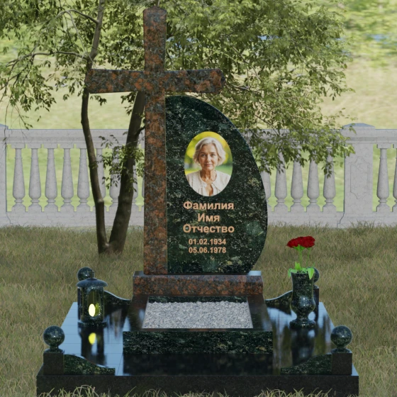 Гранитный монумент с крестом и полукругом, гранит Балтик грин, вид 2