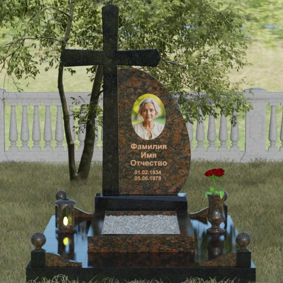 Гранитный монумент с крестом и полукругом, гранит Дымовский, вид 2