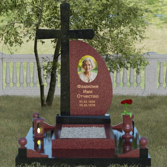 Гранитный монумент с крестом и полукругом, гранит Лезниковский, вид 2