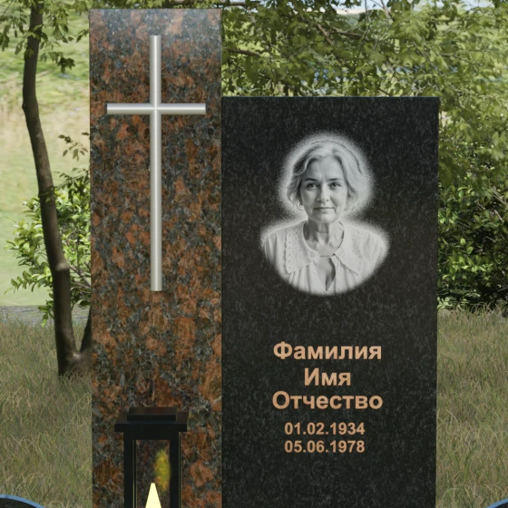 Комбинированный памятник с крестом, европейский дизайн, гранит Габбро-диабаз, в Якутске
