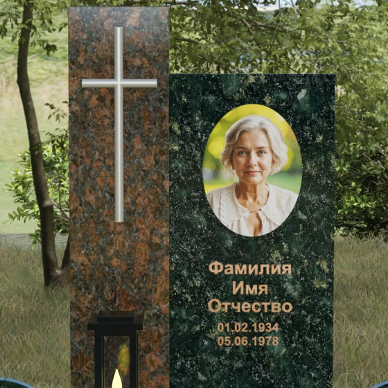 Комбинированный памятник с крестом, европейский дизайн, гранит Балтик грин, в Якутске