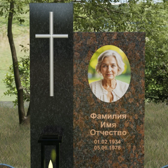 Комбинированный памятник с крестом, европейский дизайн, гранит Дымовский, в Якутске