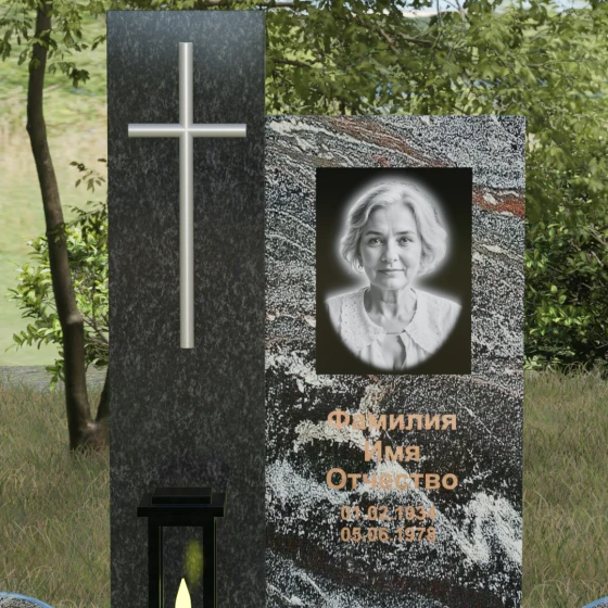Комбинированный памятник с крестом, европейский дизайн, гранит амфиболит, в Якутске