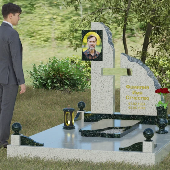 Мемориальный комплекс с асимметричной стелой и рельефом «скала», гранит Балтик грин, вид 4