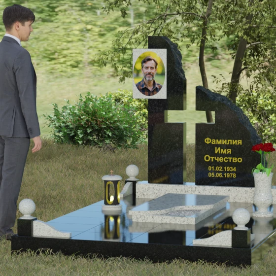 Мемориальный комплекс с асимметричной стелой и рельефом «скала», гранит Мансуровский, вид 4