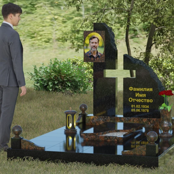 Мемориальный комплекс с асимметричной стелой и рельефом «скала», гранит Дымовский, вид 4
