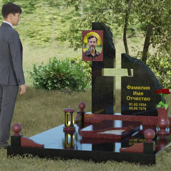 Мемориальный комплекс с асимметричной стелой и рельефом «скала», гранит Лезниковский, вид 4