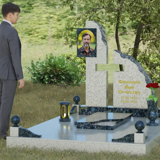 Мемориальный комплекс с асимметричной стелой и рельефом «скала», гранит Блю Перл, вид 4