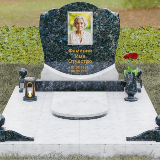 Мемориал с навершием в форме волны из гранита, гранит Блю Перл, вид 2, в Якутске