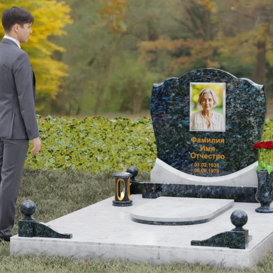 Мемориал с навершием в форме волны из гранита, гранит Блю Перл, вид 4, в Якутске