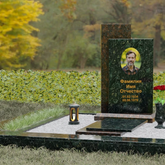 Вертикальный гранитный памятник с православным крестом, гранит Балтик грин, вид 4, в Якутске