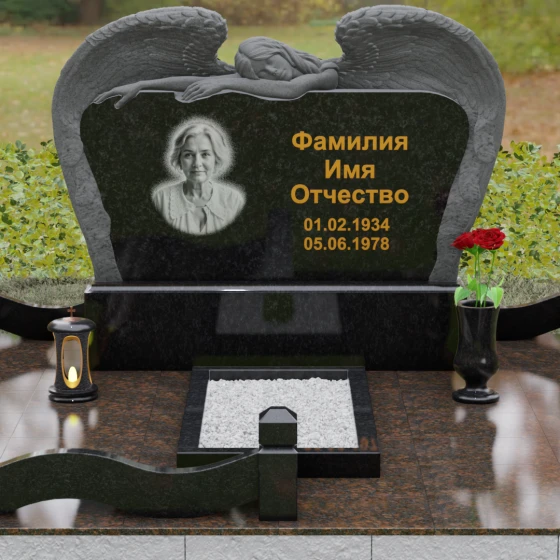Горизонтальный памятник с фигурой ангела, гранит Габбро-диабаз, вид 2