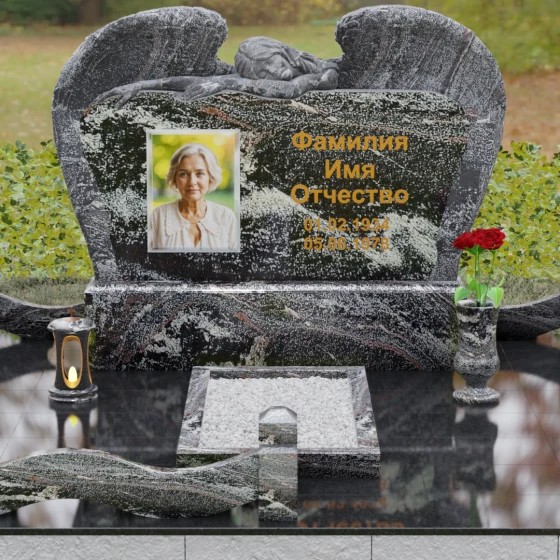 Горизонтальный памятник с фигурой ангела, гранит амфиболит, вид 2