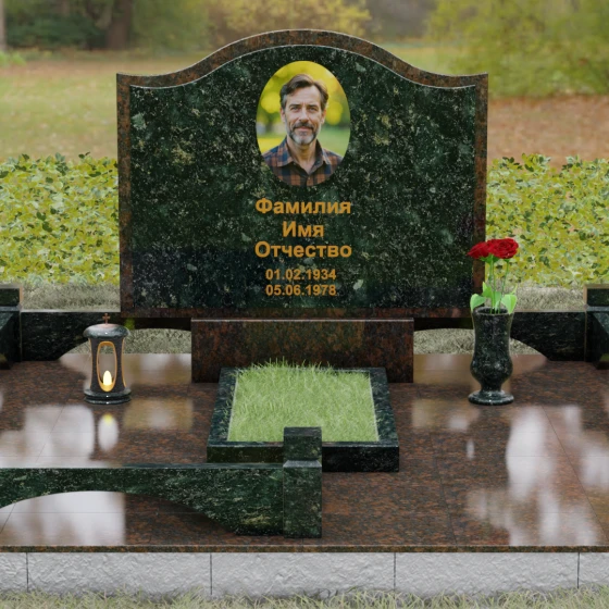 Комбинированное надгробие с трехуровневой волной, гранит Балтик грин, вид 2