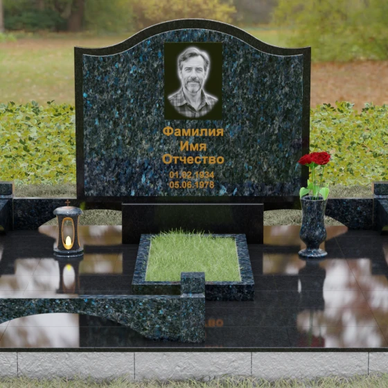 Комбинированное надгробие с трехуровневой волной, гранит Блю Перл, вид 2