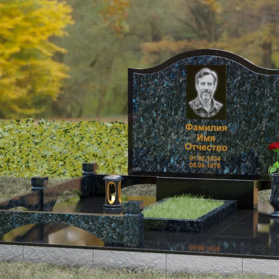 Комбинированное надгробие с трехуровневой волной, гранит Блю Перл, вид 4