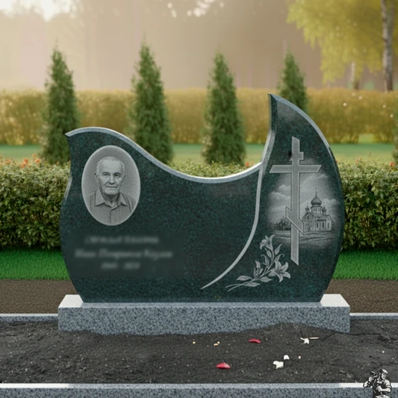Вертикальный гранитный памятник-книга с крестом, гранит Блю Перл