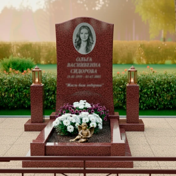 Мемориальный комплекс с арочной стелой, лампами и цветами, гранит Лезниковский