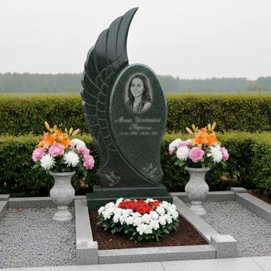 Памятник-крыло с голубями из гранита, гранит Балтик грин