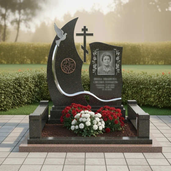 Мемориал с православным крестом и голубем, гранит Габбро-диабаз