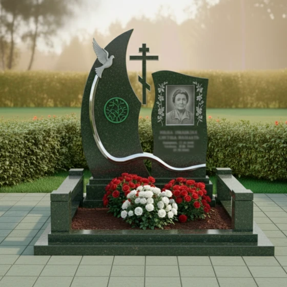 Мемориал с православным крестом и голубем, гранит Балтик грин