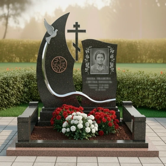 Мемориал с православным крестом и голубем, гранит амфиболит