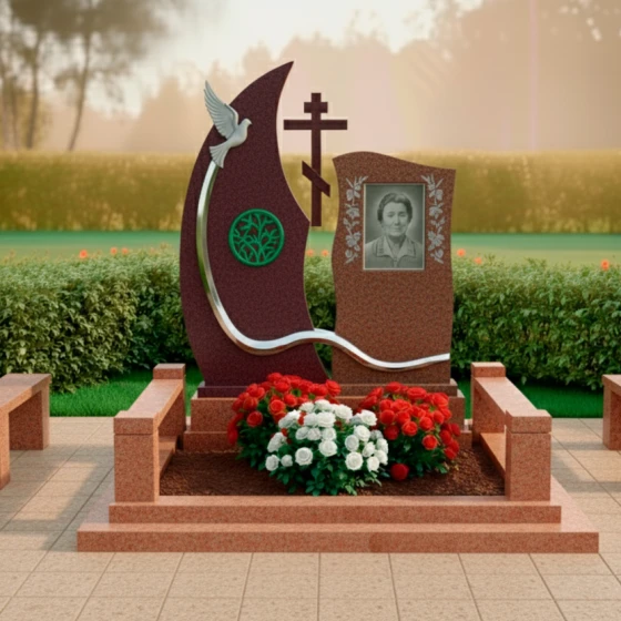 Мемориал с православным крестом и голубем, гранит Лезниковский
