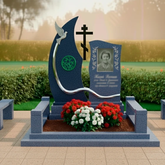 Мемориал с православным крестом и голубем, гранит Блю Перл