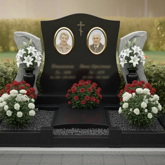 Гранитный памятник с аркой и крестом на могилу, гранит Габбро-диабаз