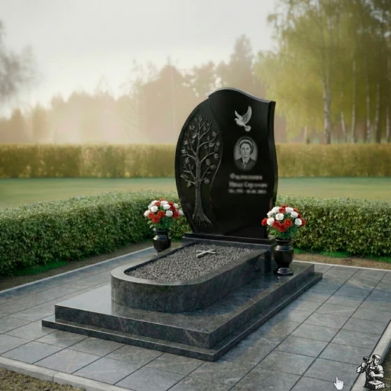 Гранитный мемориал с деревом и голубем, гранит Габбро-диабаз