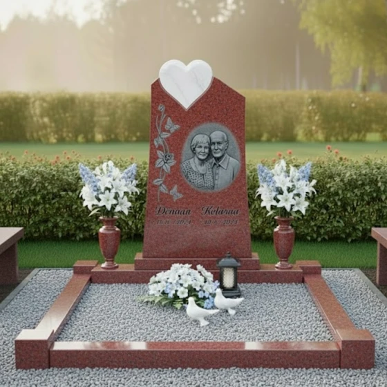 Гранитный мемориал с объемным сердцем и голубями, гранит Лезниковский